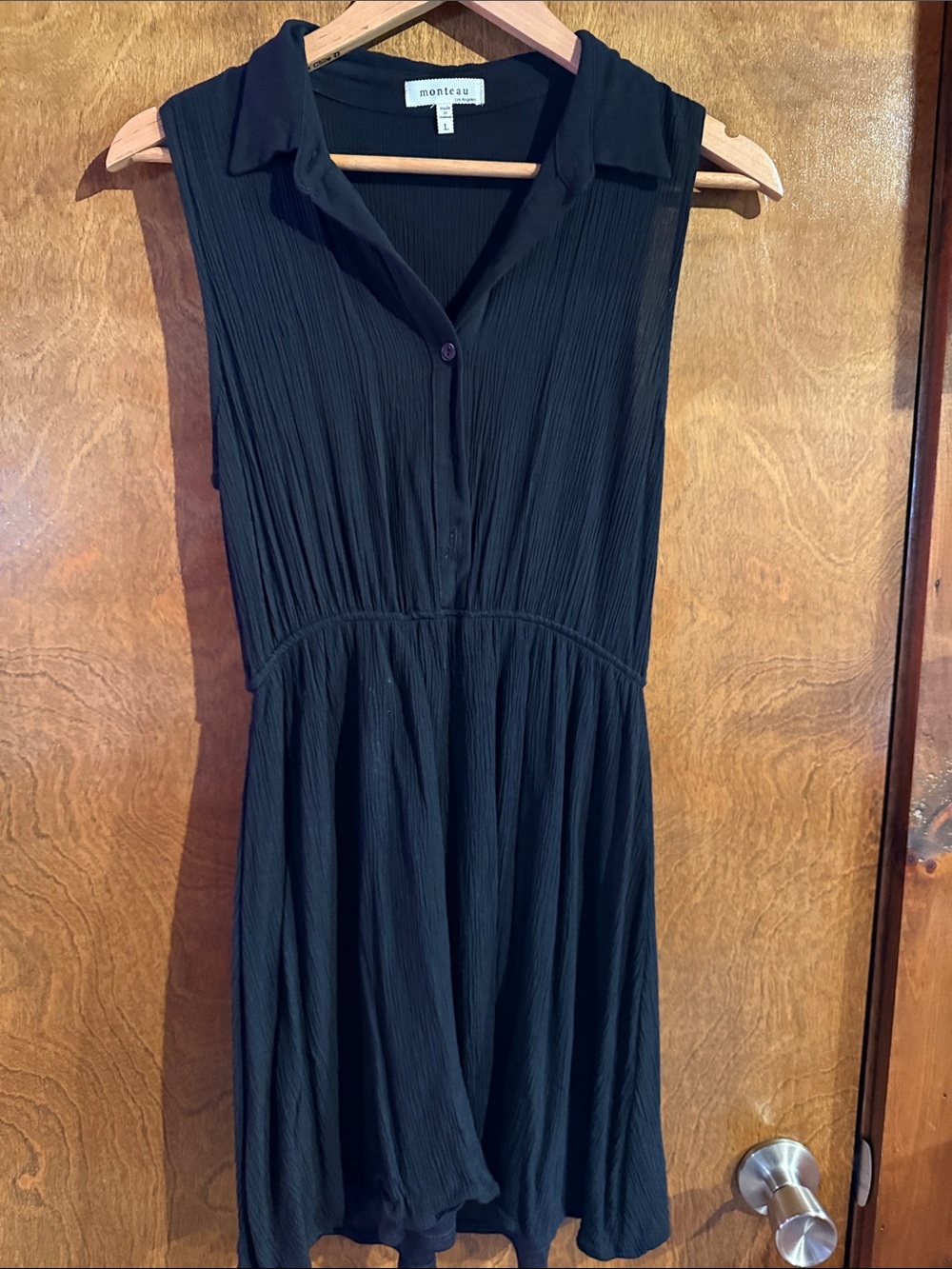 Monteau Black Sleeveless Collared Button-Front Dress